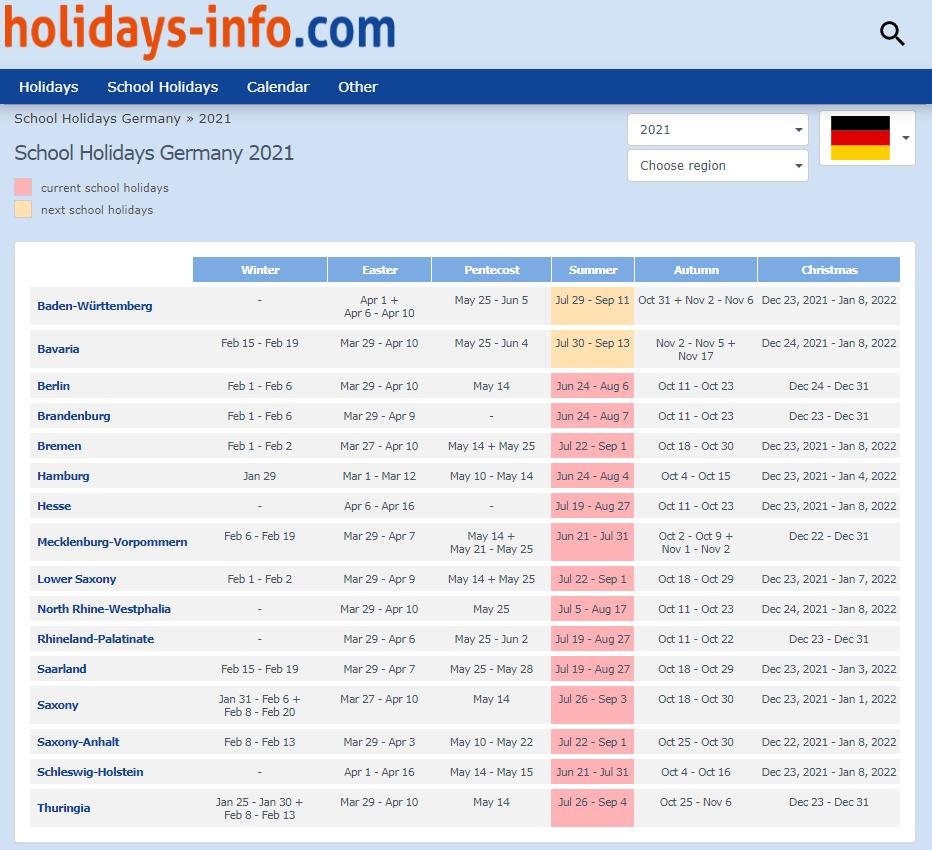 Германия: каникулярные даты на 2021 год