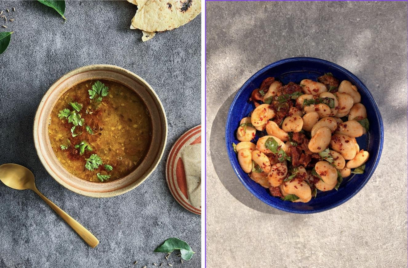 Индийский суп Тадка дал; Закуска из маринованных бобов с вяленными томатами.  Продукты в этих блюдах: чечевица, специи, консервированные томаты, лук, чеснок; бобы, вяленные томаты, лимонный сок, уксус, травы, чеснок