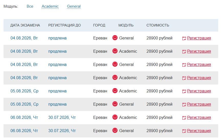 Для сравнения — стоимость экзамена в Ереване в 2026 году