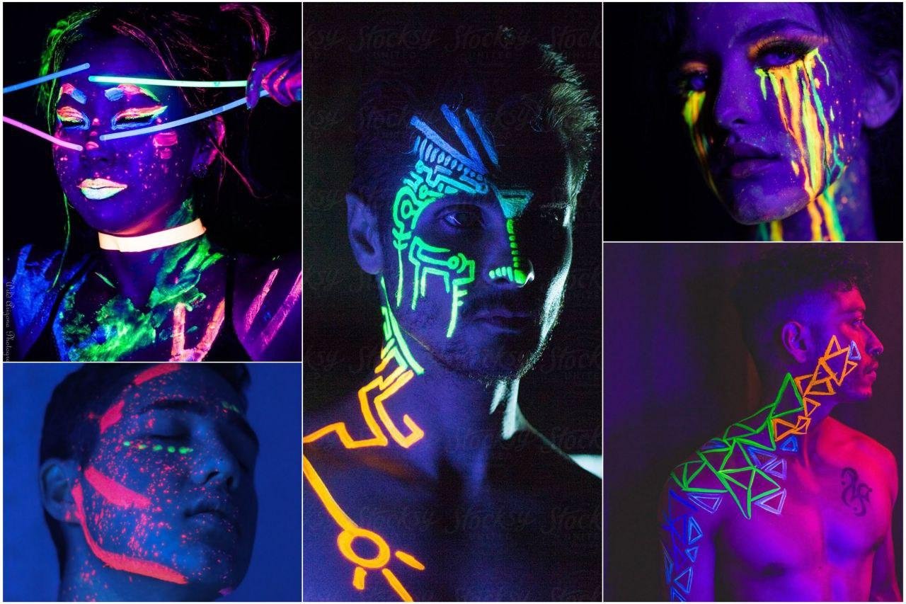 неоновые (они же флюрные, они же УФ) краски для лица светятся только в УФ, но такие лампы часто бывают на танцполах фестивалей