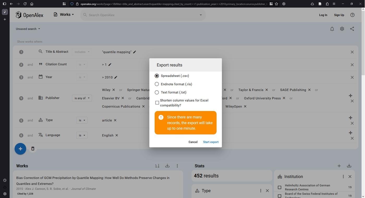 OpenAlex умеет экспортировать сразу в .csv, и в .txt, но таким образом экспортируется очень много дополнительных полей, которые нам сейчас не нужны (.txt может быть больше 50 Мб). Так как для всего анализа нам достаточно знать самые базовые выходные данные и абстракт статьи. Такой текстовый экспорт из OA, скорее всего, не влезет в контекстное окно LLM.