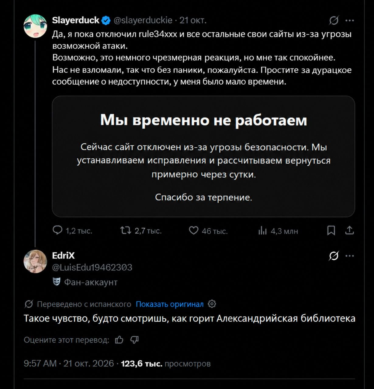 Для понимания масштаба инцидента: впервые за 14 лет из соображений безопасности отключили сайт Rule34 (осторожно, НЕ ГУГЛИТЕ это на работе) [Источник: Twitter]