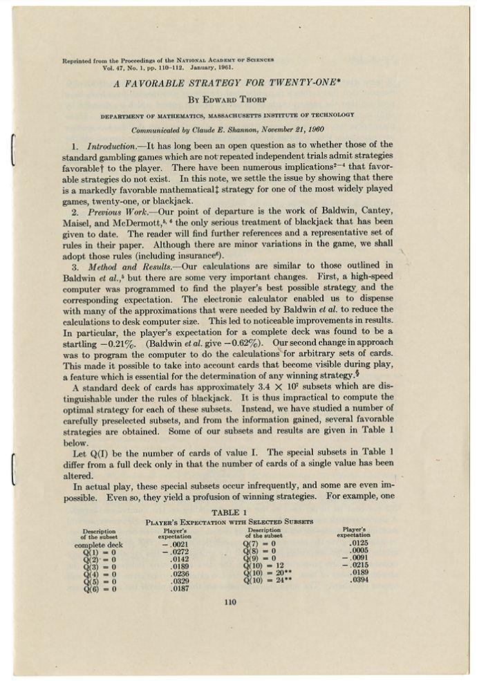 Та самая статья Торпа в журнале Национальной академии наук США. По настоянию профессора, Эд сменил дерзкое название «Выигрышная стратегия для блэкджека» на более скромное «Благоприятная стратегия для 21»