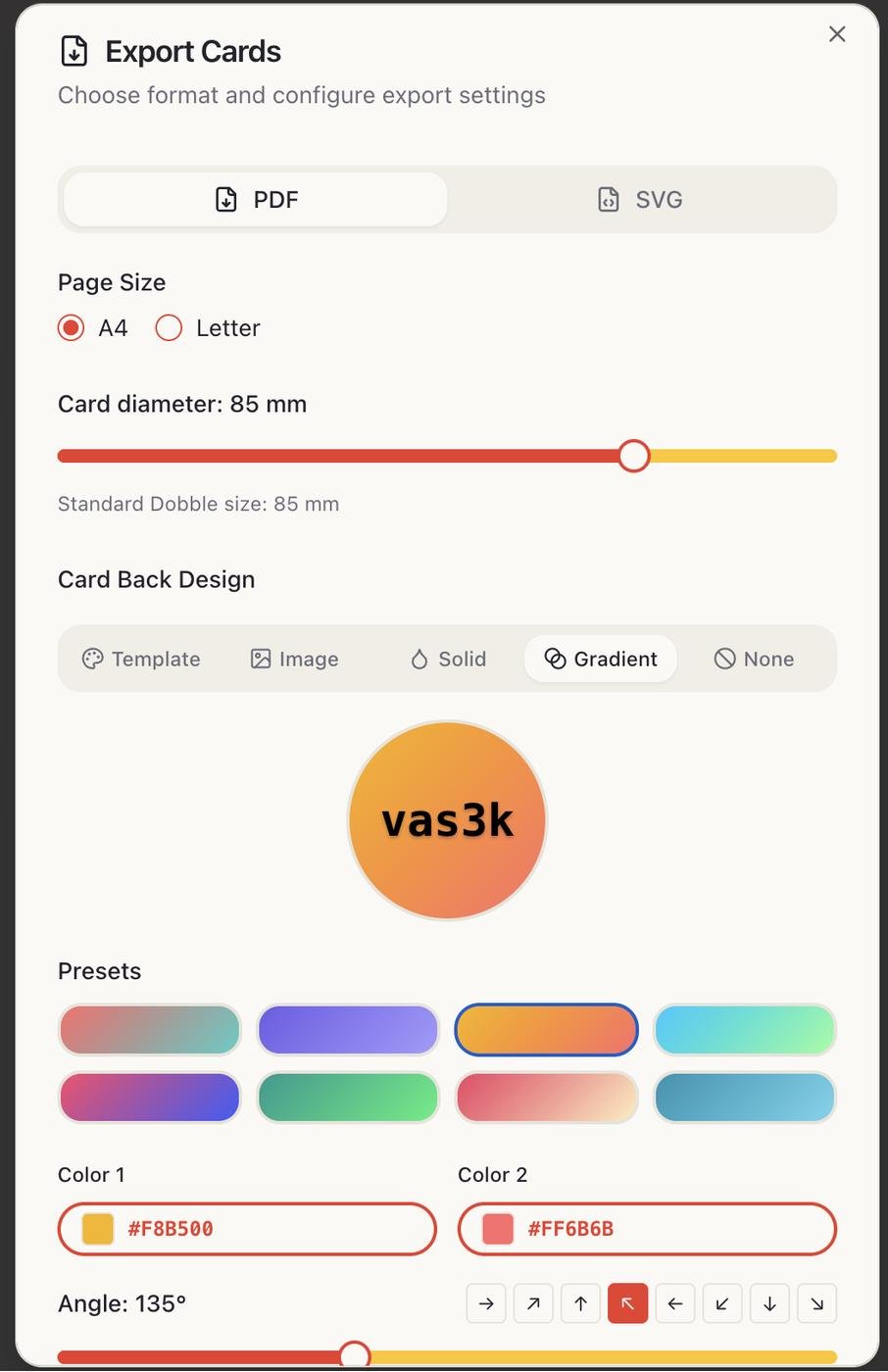 экспорт с выбором Card Back Design