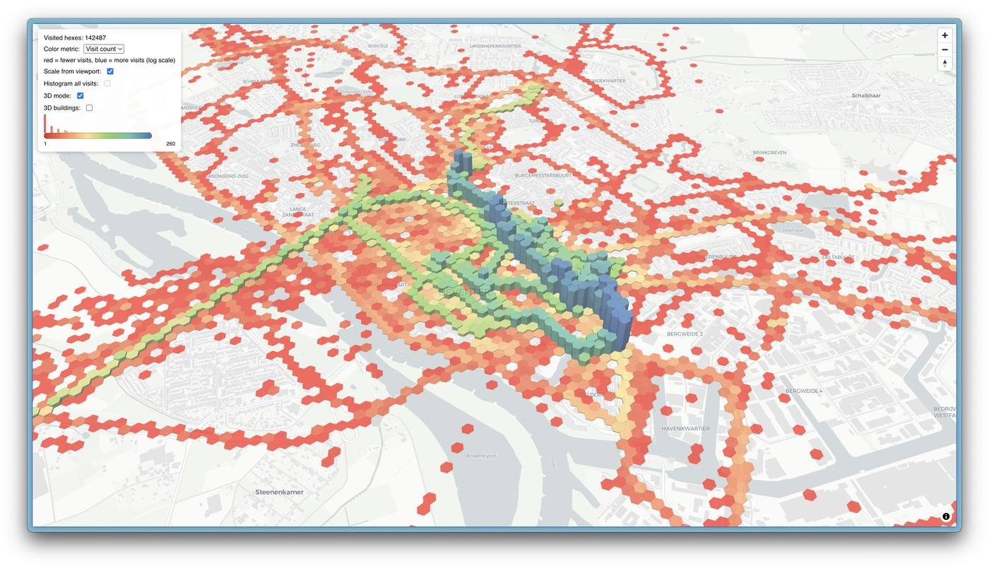 Второй режим — количество посещений каждого шестиугольничка. Я поставил не больше одного посещения в день. В итоге получается такой heatmap