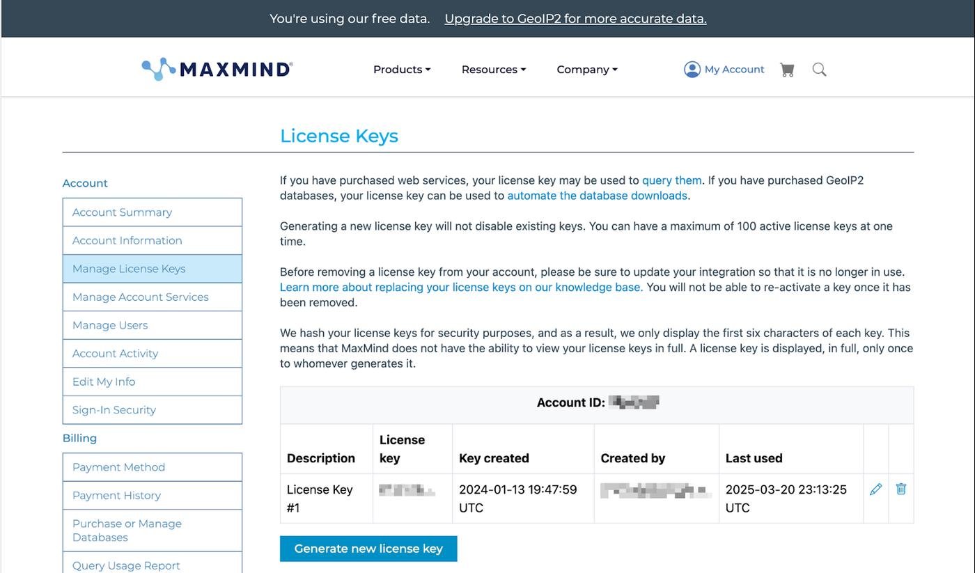 скриншот аккаунта maxmind