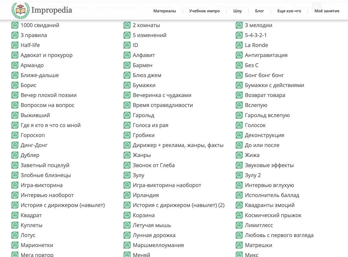 Скрин экрана с далеко не полным списокм форм на импропедия.ру