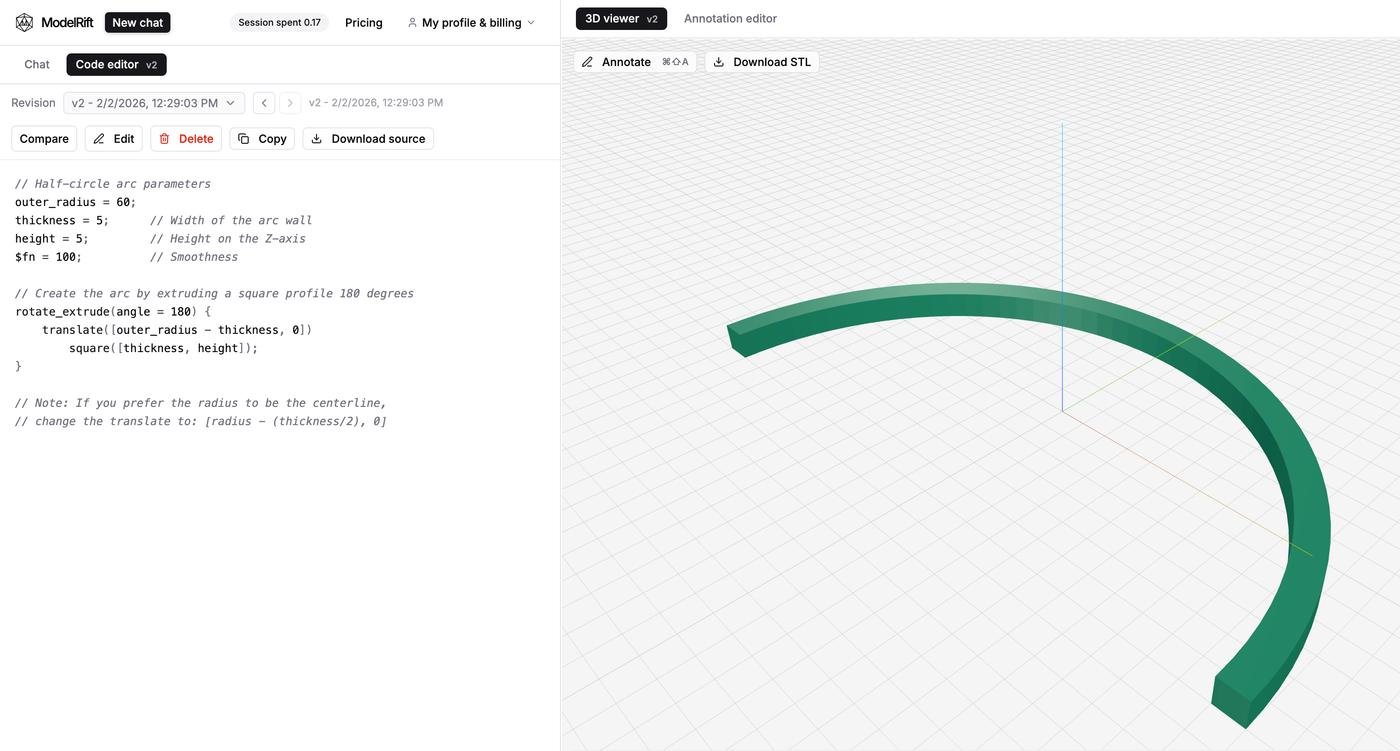 арка, ModelRift сгенерировал по промпту "draw a half-circle arc. thickness: 5mm. radius: 60mm. put it on XY plane."