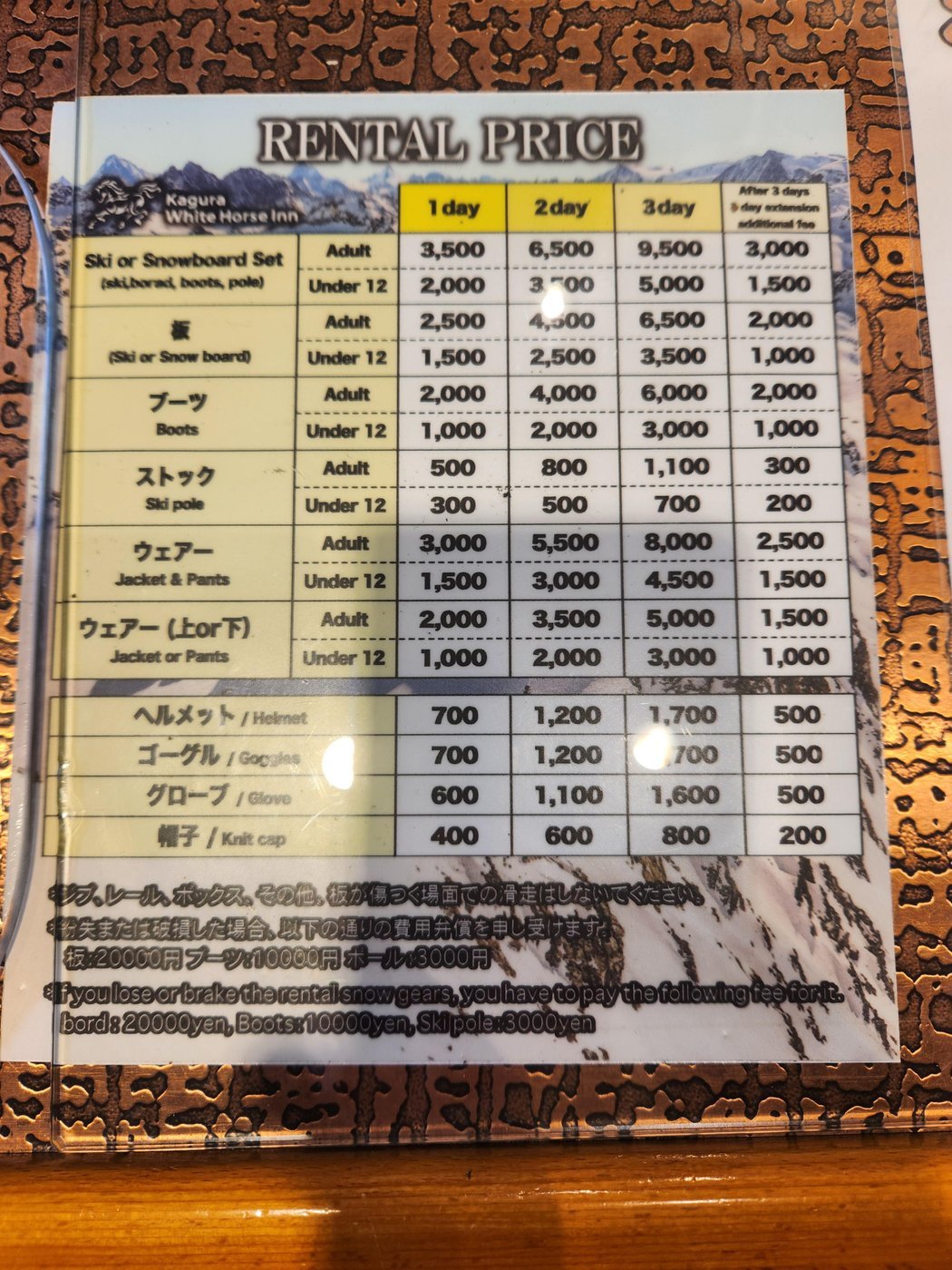 За день комлект для лыж или сноуборда стоит 3500 йен (23.5$).