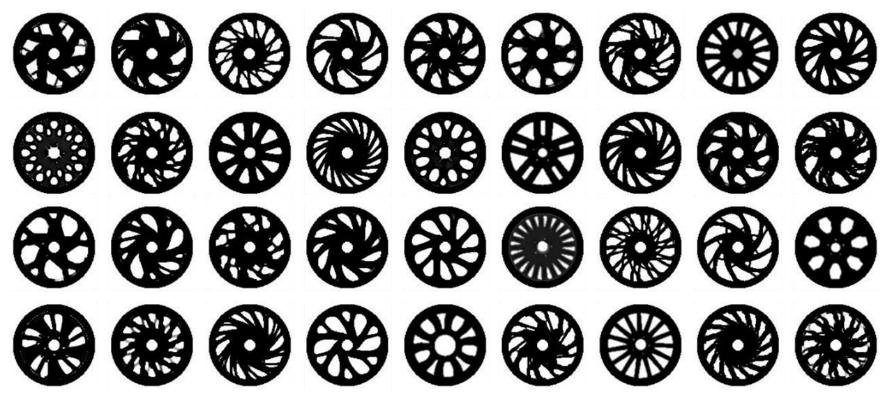 Пример набора сгенерированных дизайнов колёсных дисков после фильтрации - легко различить один вариант от другого