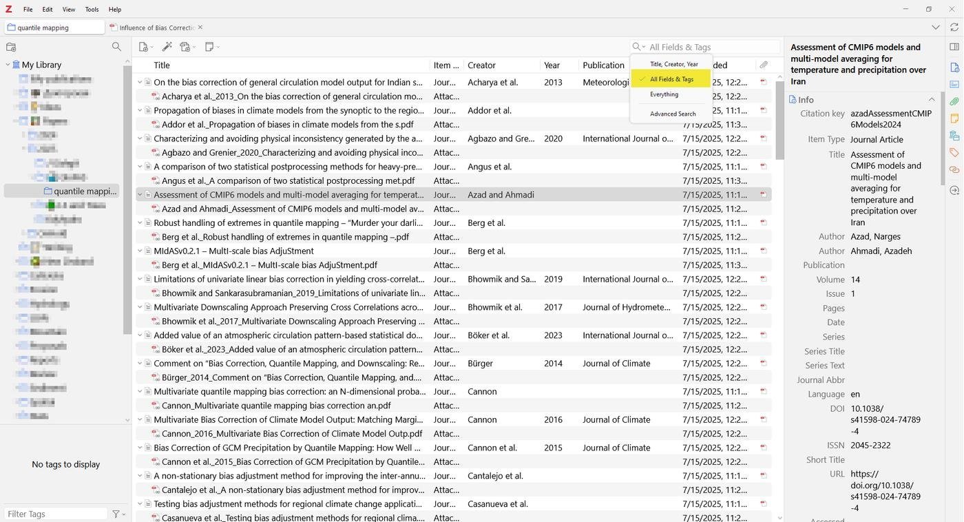 Интерфейс Zotero 7, после найденных PDF для всех статей. Показано окно поиска, где можно отфильтровать только статьи со вложениями.