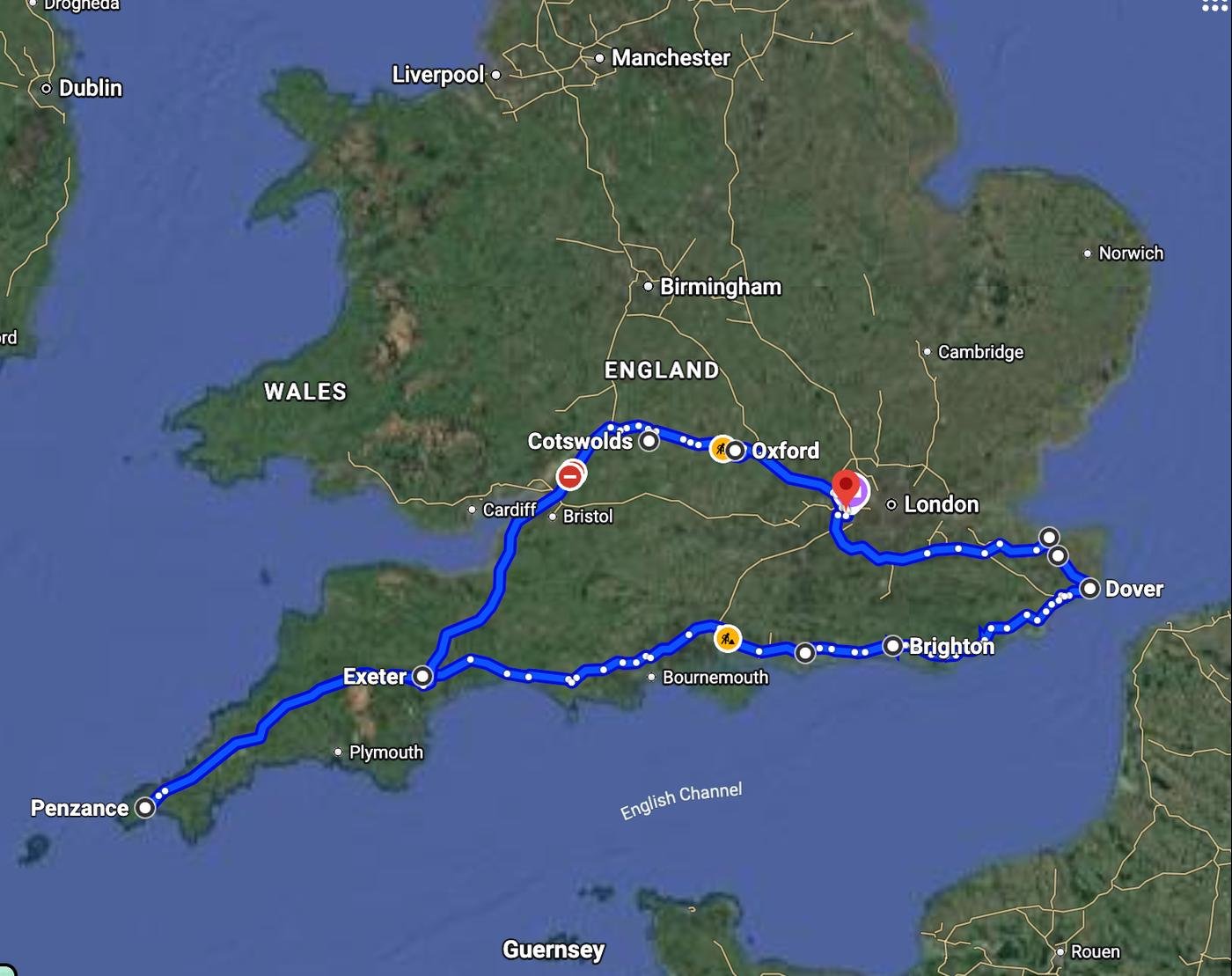 2000 км за две недели - гугл-карты ограничивают количество точек маршрута, поэтому тут только общее представление о направлении