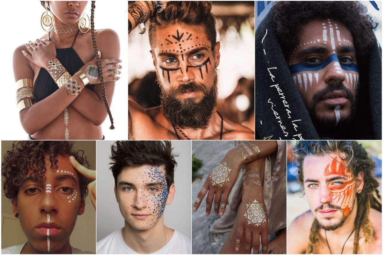 татушки-переводки (да, как в детстве!) легко сделать — прикольно выглядит, простые геометрические рисунки на лице и теле можно рисовать спецальными красками или жидкой подводкой для глаз — она ещё и стойкая обычно