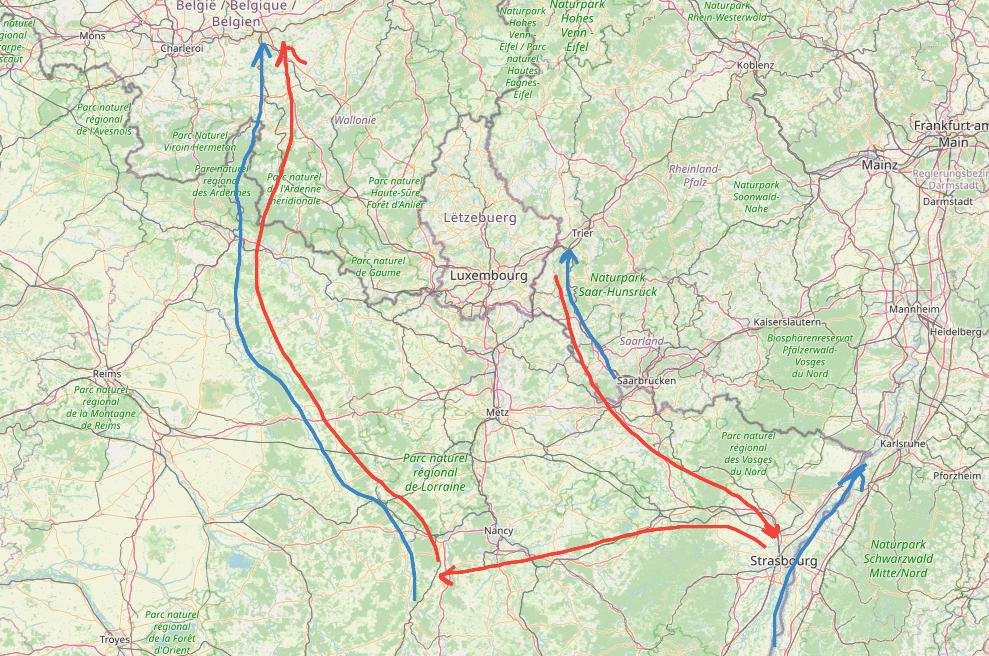 Общая идея маршрута. Синие стрелки — реки. Слева направо: Мёз, Саар, Рейн