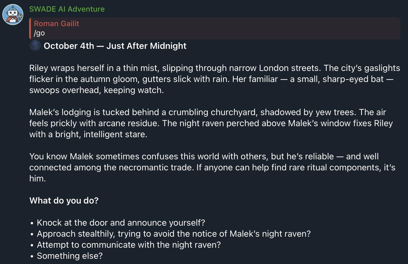 играем на англе в роли Игроков по мотивам нашей любимой Ночи в тоскливом октябре Роджера Желязны. LLM автоматически получает контекст с листа персонажей: имена, специализации, слабости/особенности, у кого какие фамильяры и тд. На англе по ощущениям сильно лучше кстати