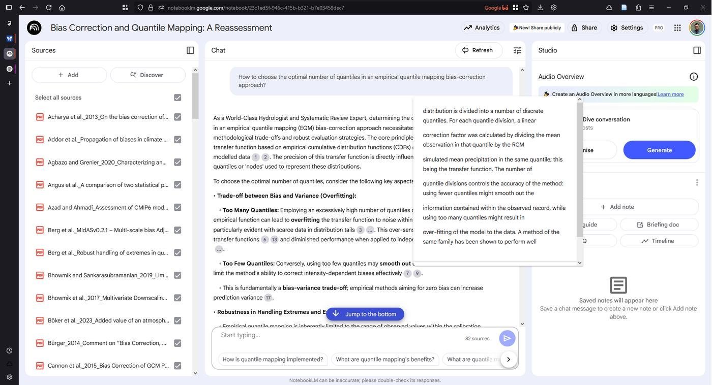 Пример ответа NotebookLM на запрос. Каждая ссылка соответсвует уникальному месту в документах PDF.