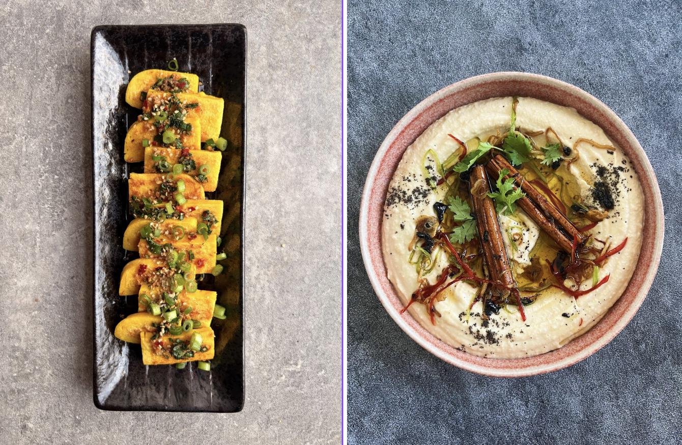 Тофу из нута; Хумус. Продукты в этих блюдах: нутовая мука, соевый соус, хлопья чили; нут, тахини, оливковое масло, специи