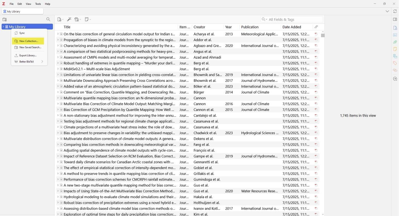 Интерфейс Zotero 7. Пример создания новой коллекции