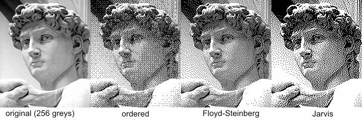 Все Давиды, кроме самого левого, являются бинарными изображениями с разными алгоритмами диттеринга.