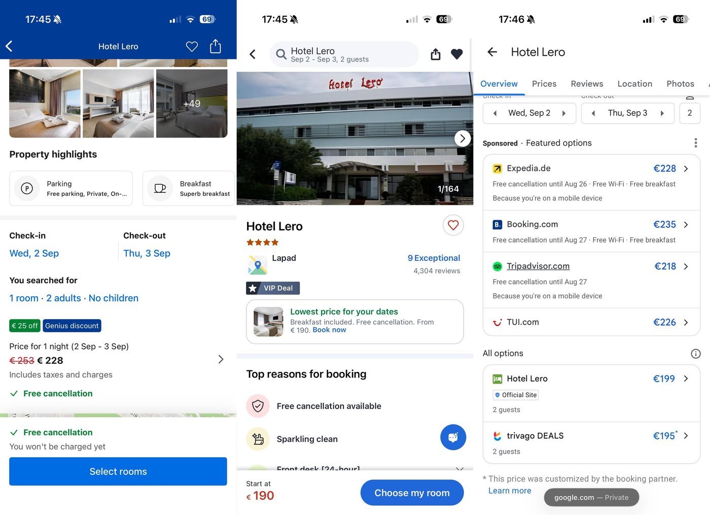 Разница в цене на один и тот же отель в Booking, Agoda, Google Hotels