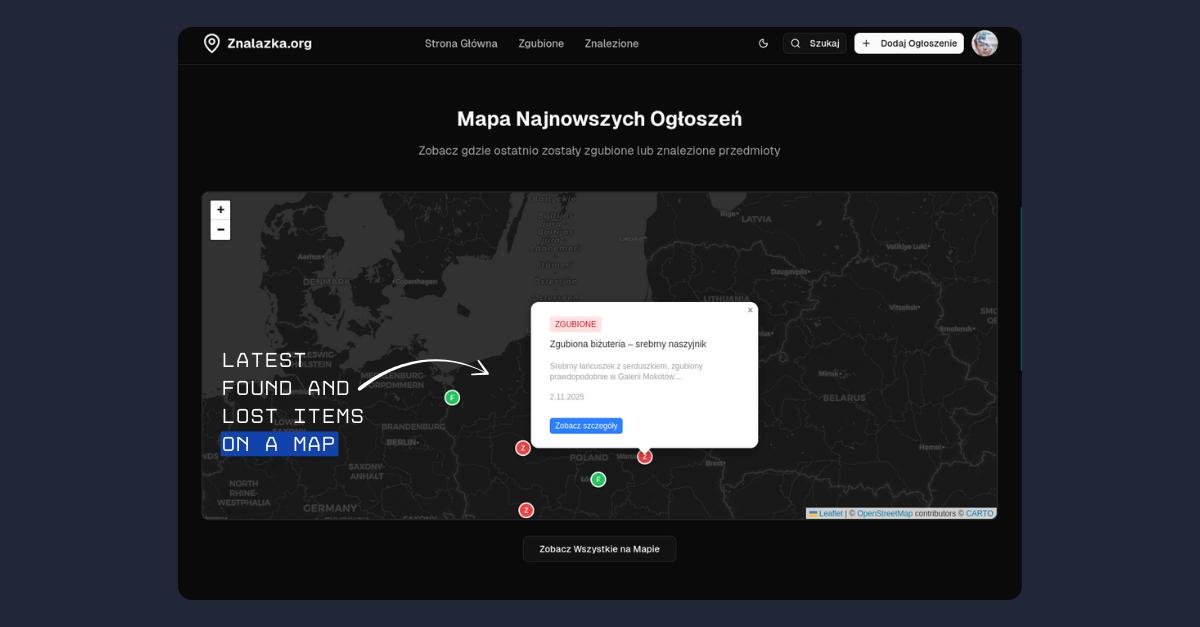 Главная страница Znalazka.org с живой картой Польши