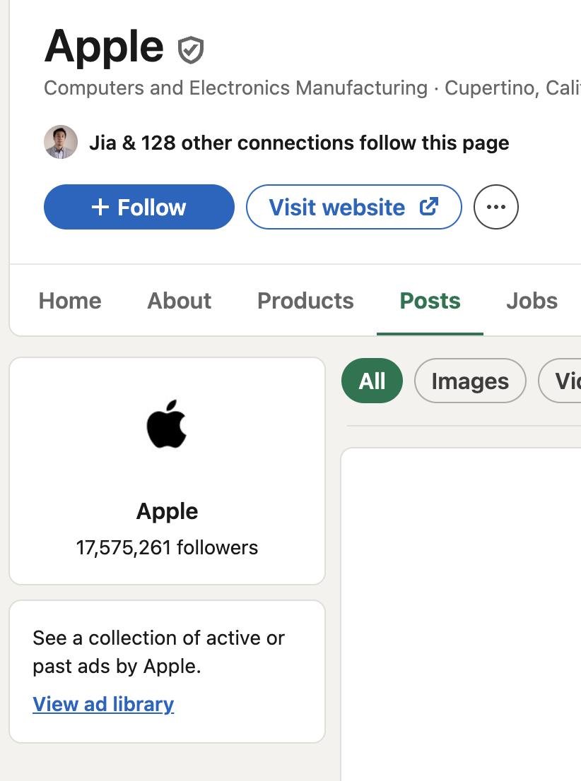 Находим страницу Apple в LinkedIn, переходим в посты и слева кликаем ad library
