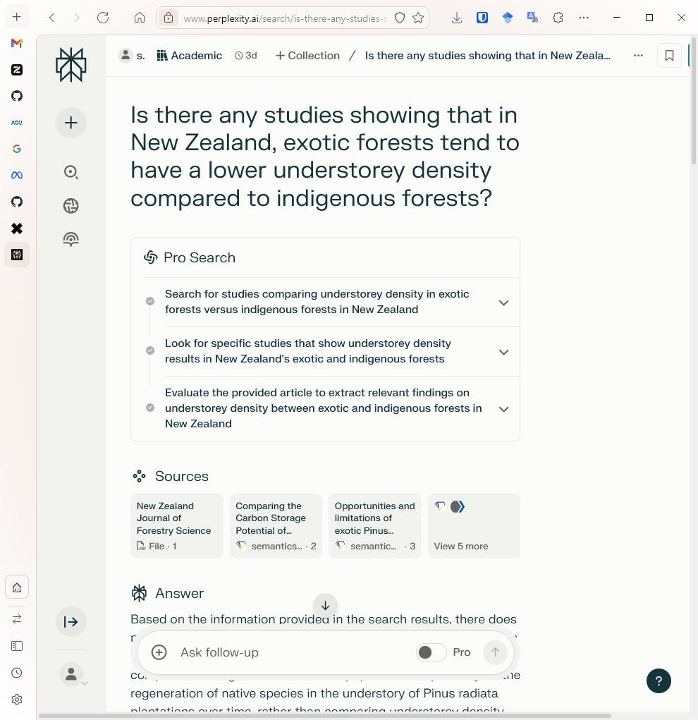 Скриншот запроса "Is there any studies showing that in New Zealand, exotic forests tend to have a lower understorey density compared to indigenous forests?" с фокусом на академические статьи 