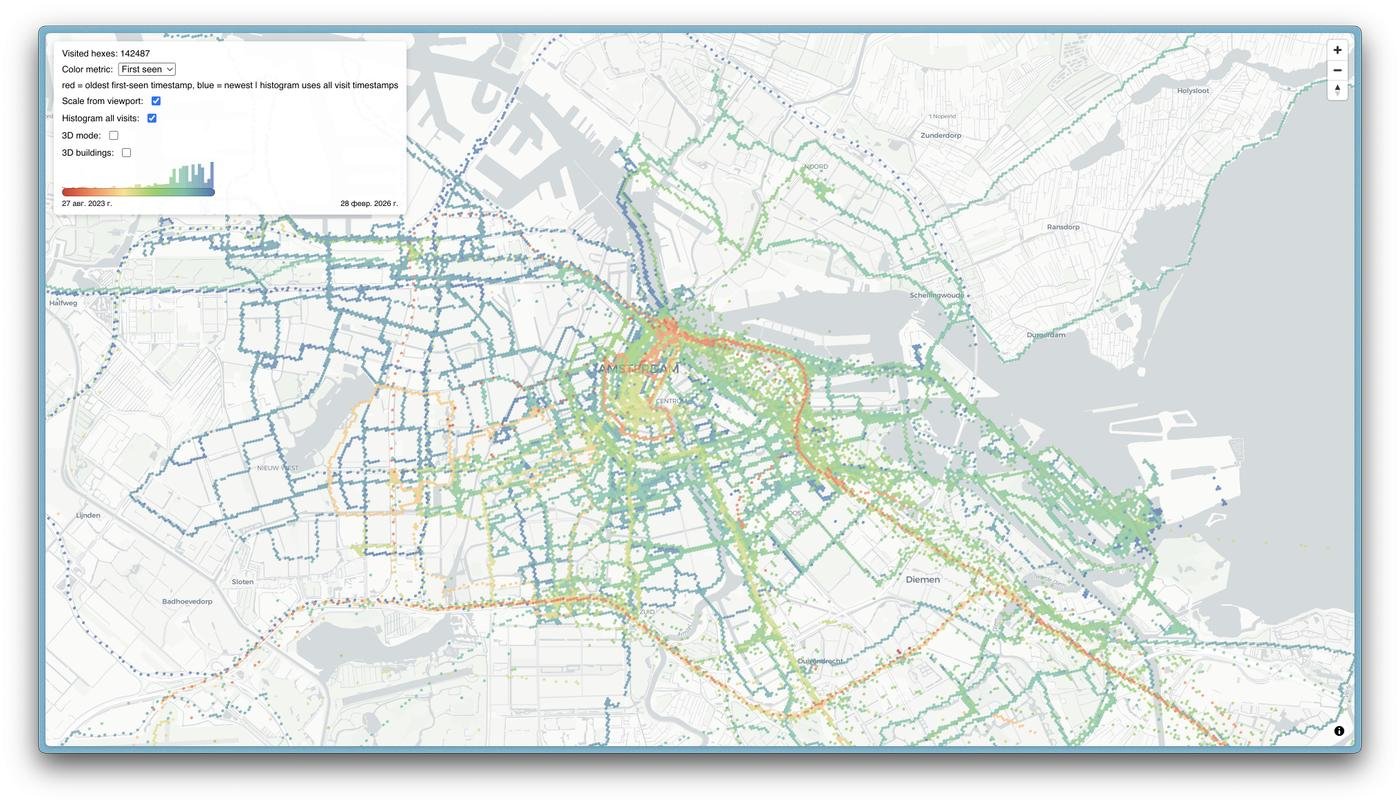 Ну, во-первых, что-то типа «тумана войны». Можно посмотреть, по каким улицам города я гулял. Бонусом — посмотреть «когда»