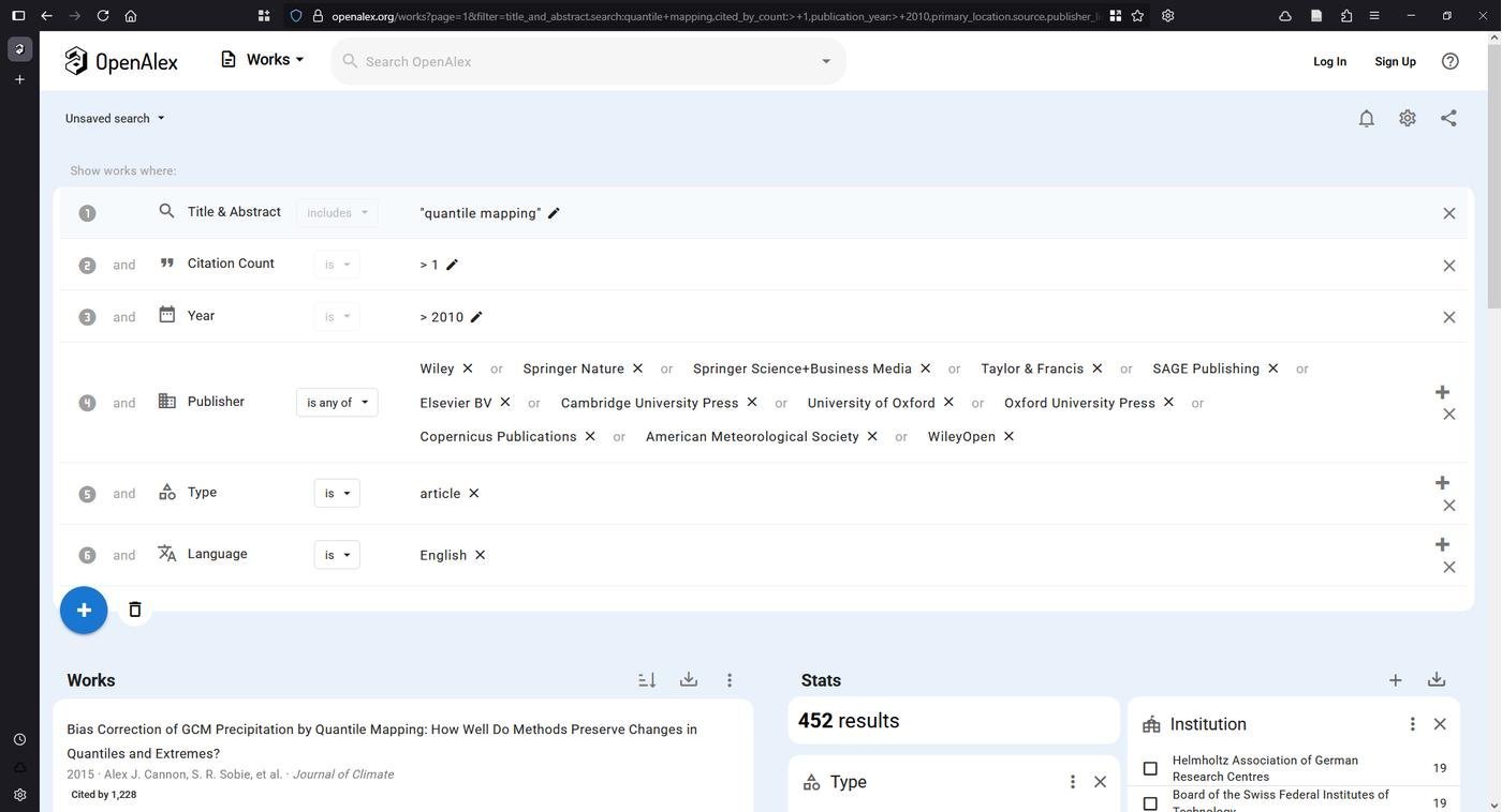 Поиск статей про "quantile mapping" на OpenAlex с фильтрами