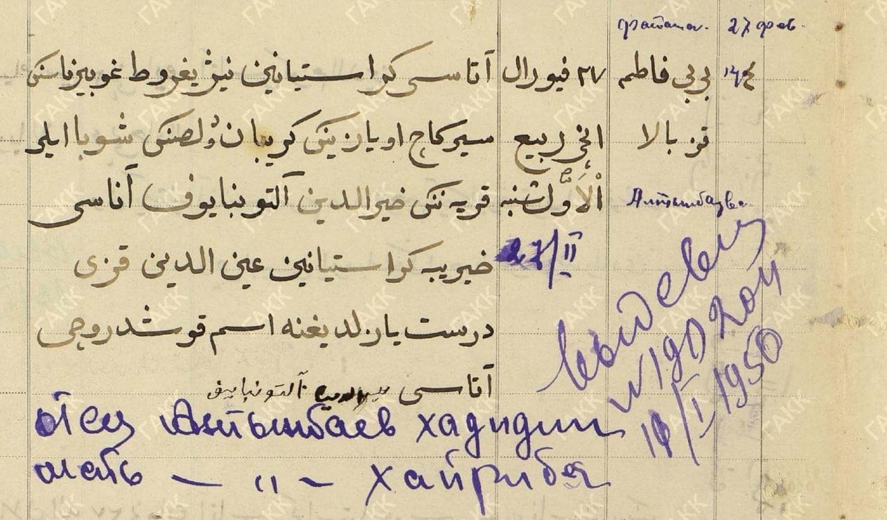 В левом столбце: «Отец крестьянин Нижегородской губернии Сергачского уезда Грибановской волости (деревни) Шубино Хайритдин Алтынбаев. Мать Хайрибя, дочь крестьянина Гайнутдина»