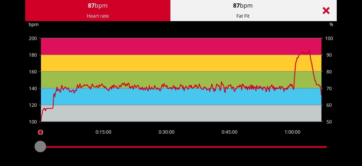 Вот так вот обычно выглядит моя Zone 2 тренировка глазами пульсометра.