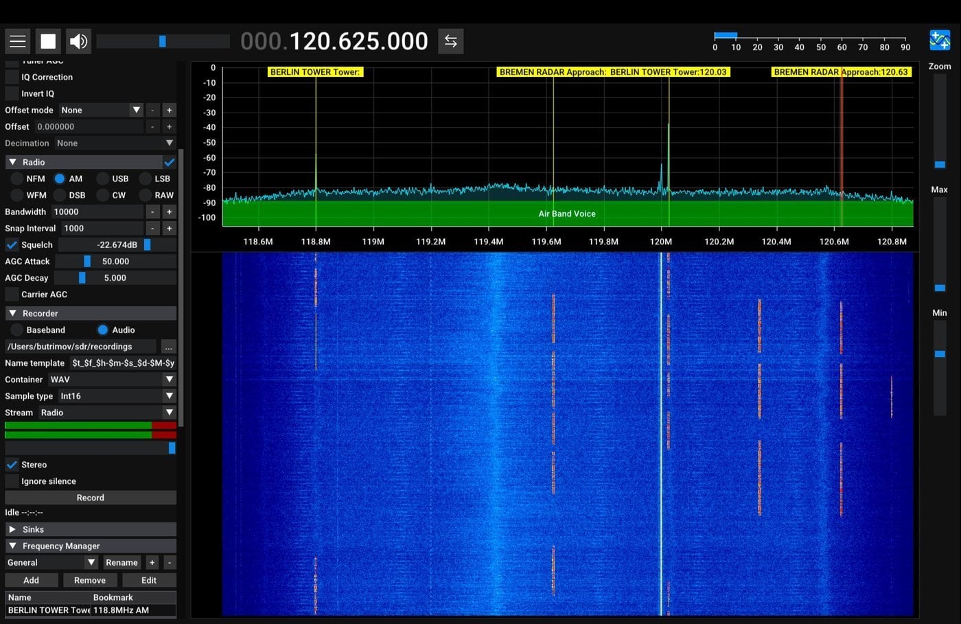 Рабочее место SDR++. Хорошо различимы водопад (красивая херня с графическим отображением сигналов), помехи, размеченные закладки и кто-то передает на Bremen Radar.