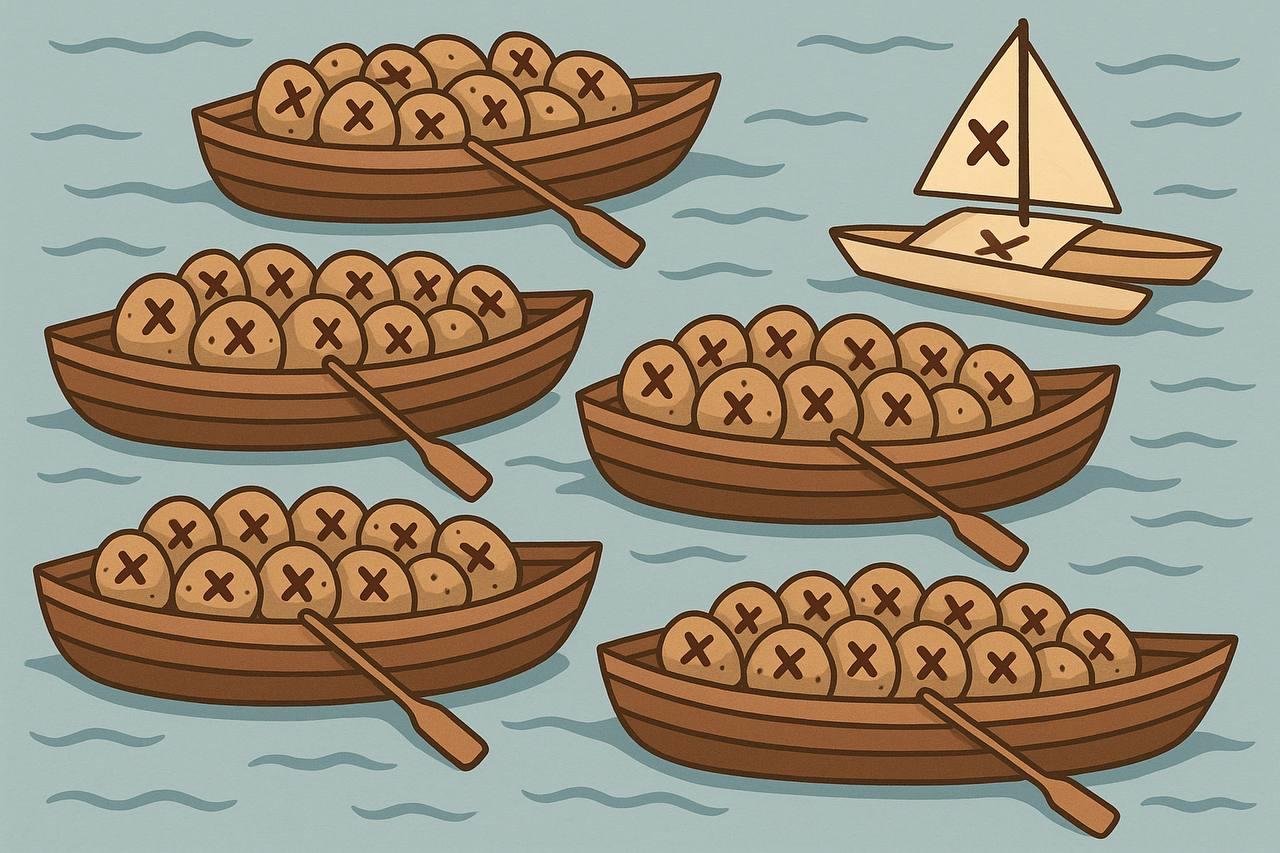 54 клубня плавают в лодках, версия иинтеллекта